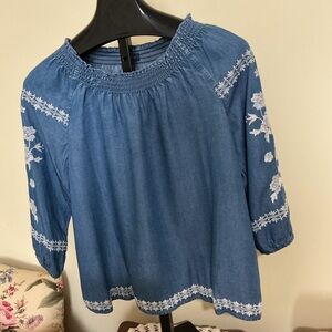 J. Jill Denim Blue Blouse with White Floral Embroidery